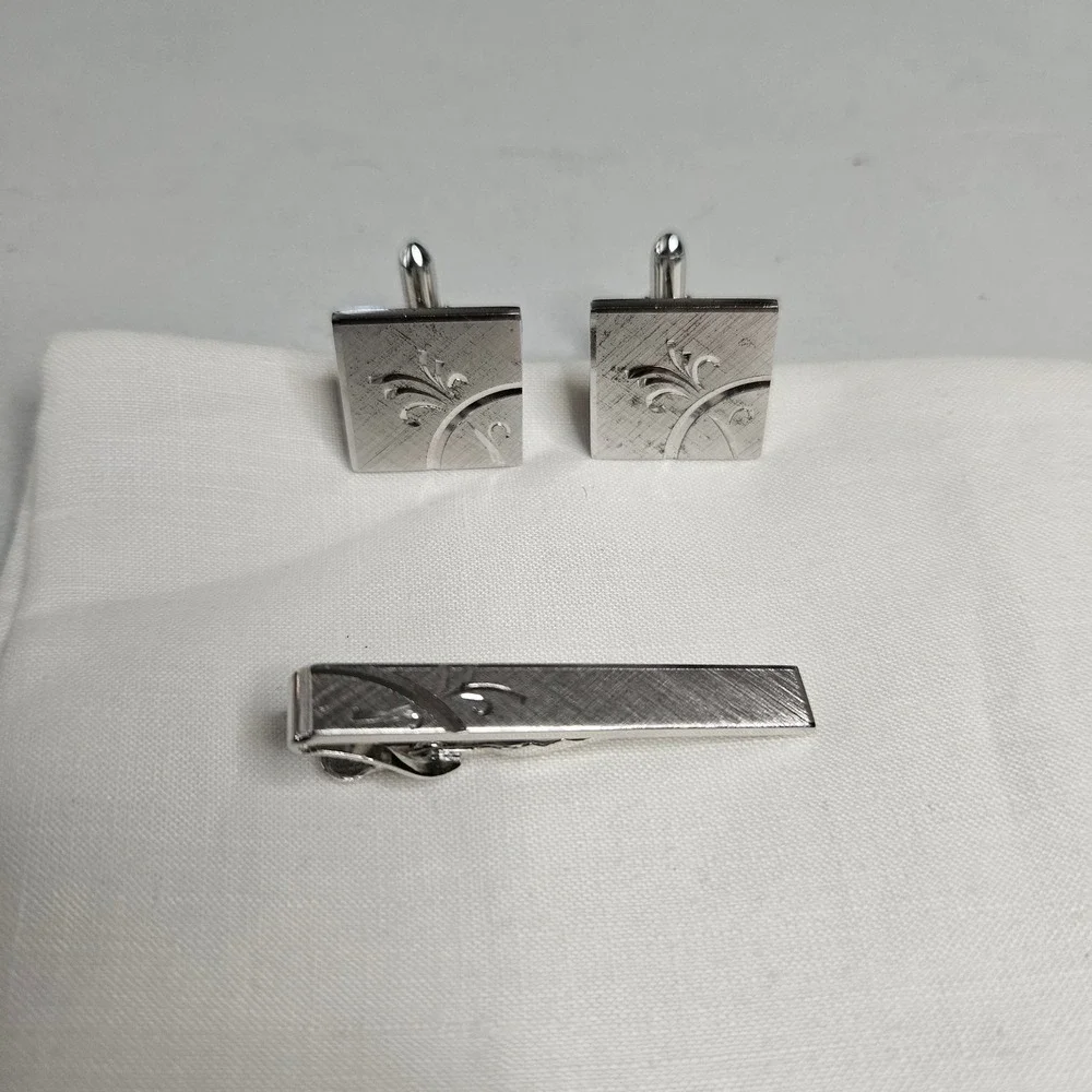 Vintage Swank Sterling Silver Cufflinks Tie Clip Set Etched Floral Mid Century